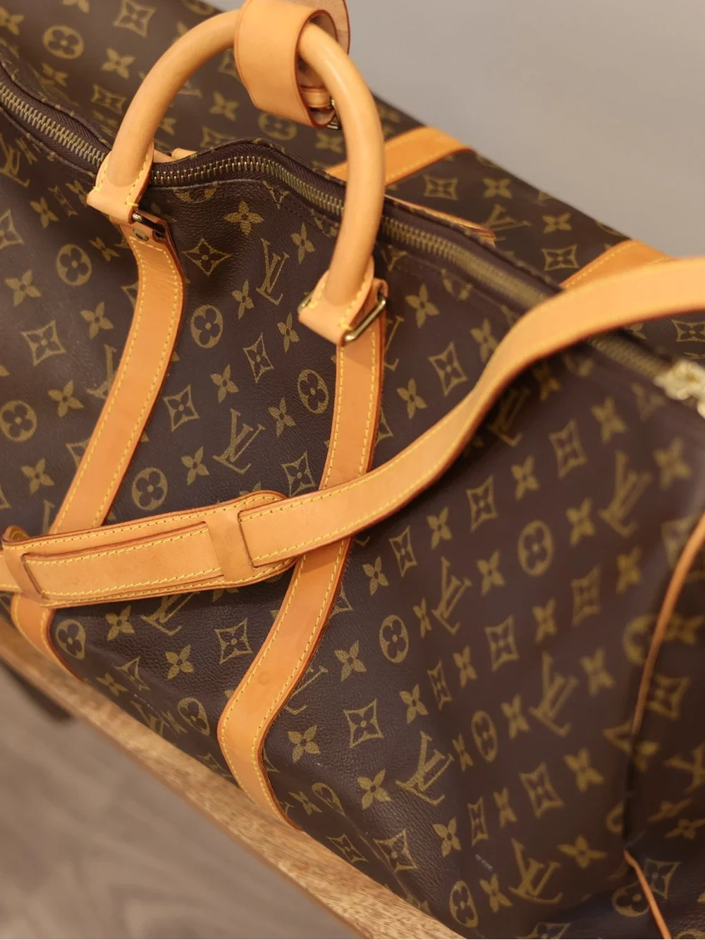 Louis Vuitton Brown Monogram Canvas Duffel with Tan Leather Trim